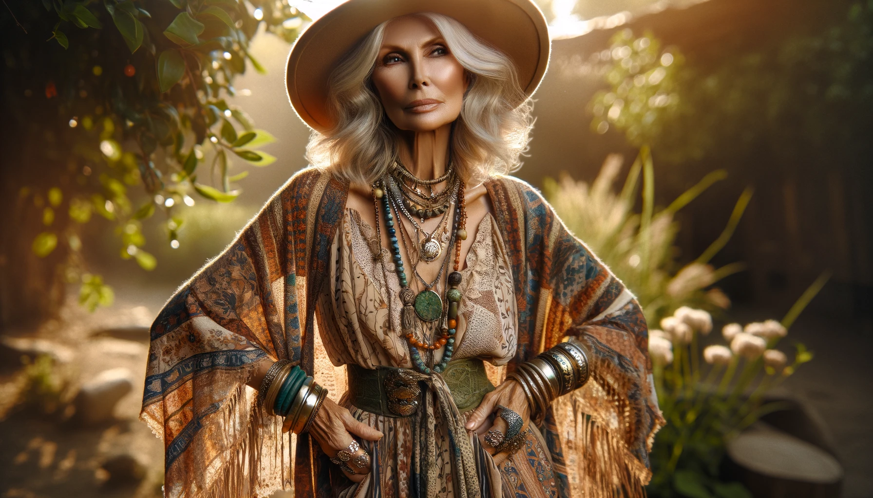 a beautiful senior woman embodying boho chic style with grace and confidence